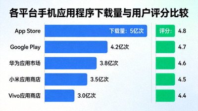 各平台手機應用程式下載量與用戶評分比較長條圖